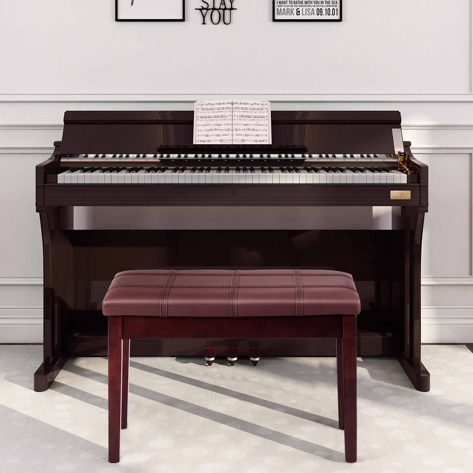 Infans Solid Wood PU Leather Piano Bench Padded Double Duet Keyboard Seat Storage Brown