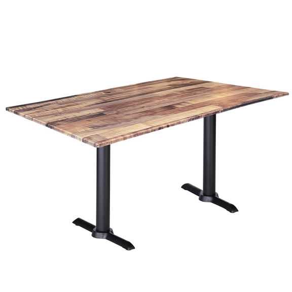 Two Indoor/Outdoor 30" Tall OD211EB Black Table Bases with a 22" Foot and a 30" x 48" Indoor/Outdoor Rustic Top by the Holland Bar Stool Co.