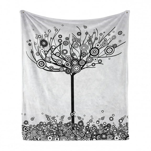 Tree of Life Soft Flannel Fleece Blanket, Abstract Image Circle Leaves and Round Plants Spiral Dot Illustration Design, Cozy Plush for Indoor and Outdoor Use, 50" x 70", Black White, by Ambesonne