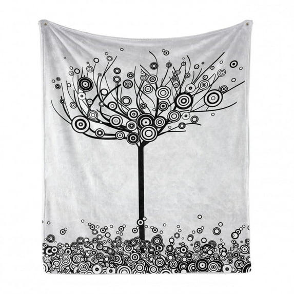 Tree of Life Soft Flannel Fleece Blanket, Abstract Image Circle Leaves and Round Plants Spiral Dot Illustration Design, Cozy Plush for Indoor and Outdoor Use, 50" x 70", Black White, by Ambesonne