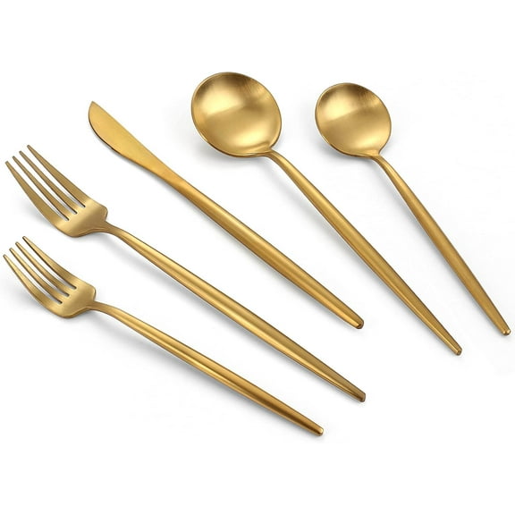 Matte Gold Silverware Utensils Collection, 20-Piece Premium Stainless Steel Flatware Cutlery, Tableware Cutlery Designed for 4, Satin Finish Utensils, Knife Fork Spoon for Home and Restaurant, Dishwas