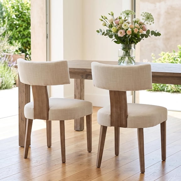 Wooden Dining Chairs Set of 2 Modern Fabric Upholstered Kitchen Chairs | Solid Wood Legs, Ergonomic Curved Backrest, Mid Century Modern, Farmhouse Linen Dining Chairs for Kitchen Dining, Beige