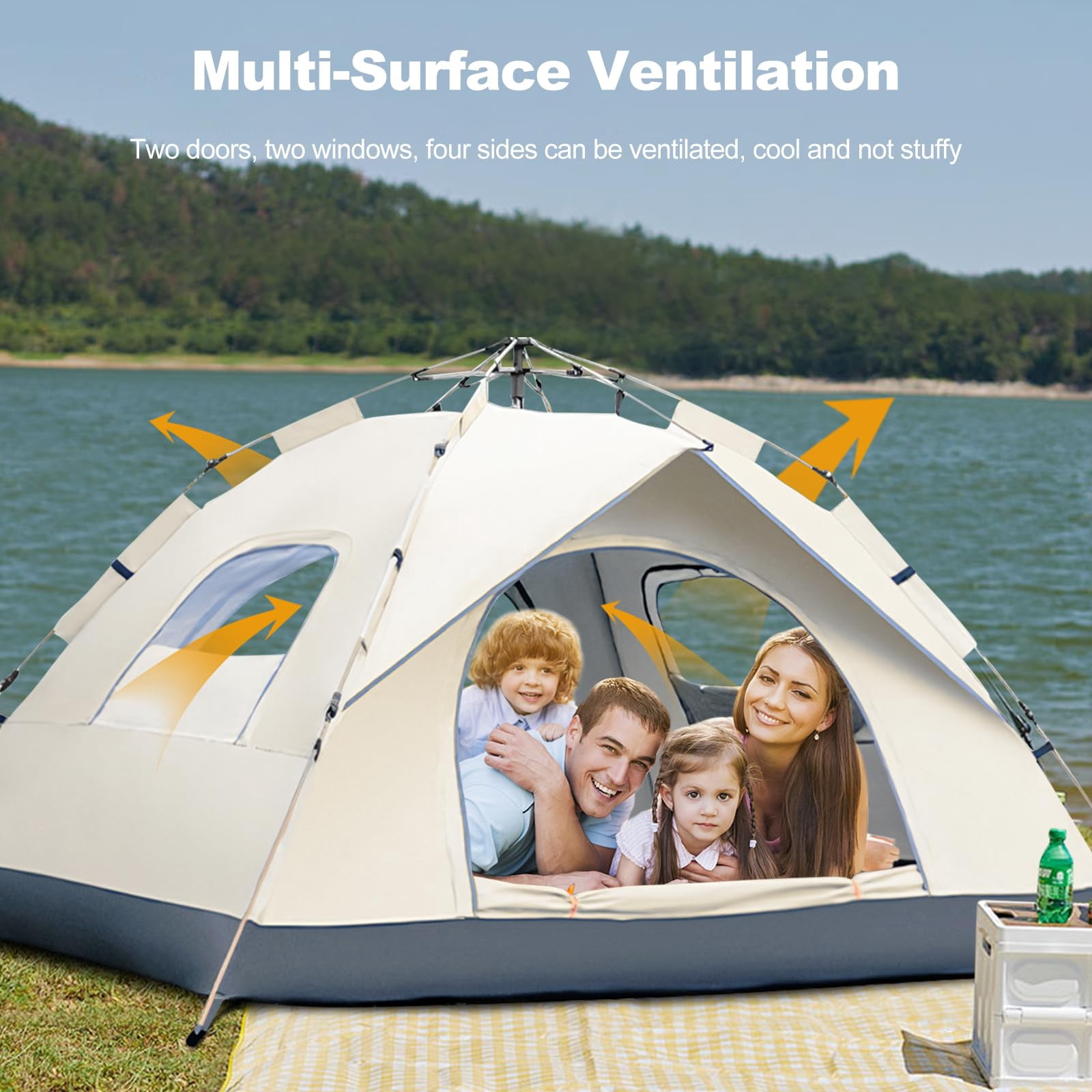 3-4 Person Family Camping Tent - Waterproof Windproof 4-Season, 1500mm Rainfly, Carry Bag & Stakes Included
