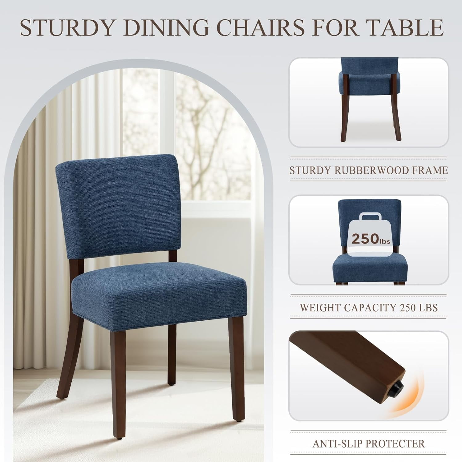 Mid Century Modern Dining Chairs Set of 4, Upholstered Kitchen Chairs with Back, Farmhouse Fabric Side Dining Room Chairs with Wood Legs for Dining Room Kitchen Restaurant, Blue