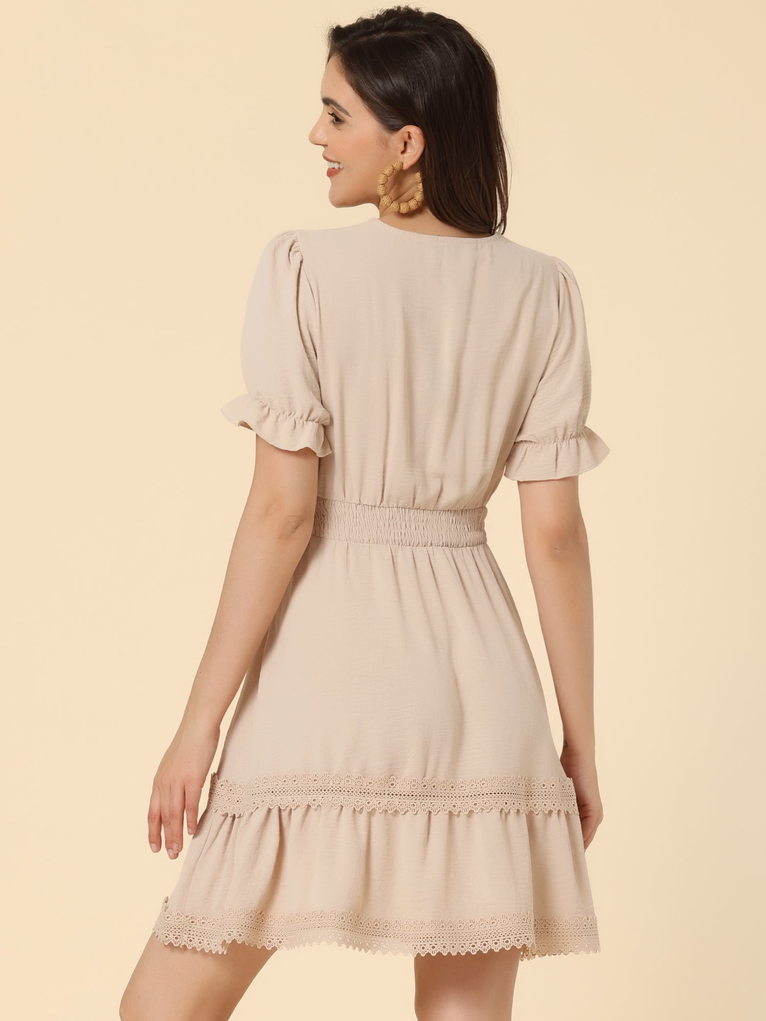 DARING DIVA V Neck Smocked Elastic Waist Short Sleeve Mini Dress M Beige