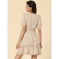 thumbnail image 4 of DARING DIVA V Neck Smocked Elastic Waist Short Sleeve Mini Dress S Beige, 4 of 5