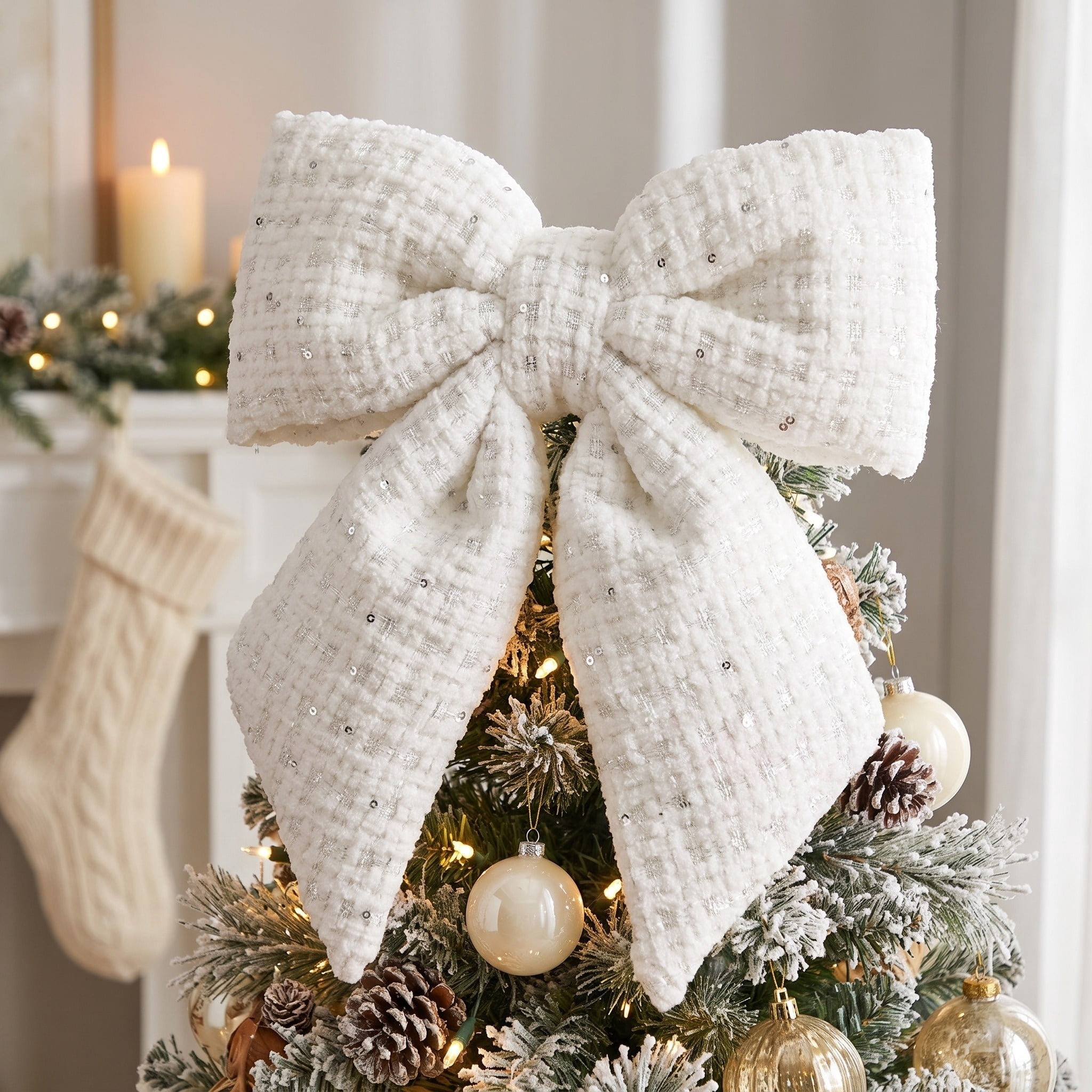 My Texas House White Tweed Decorative Christmas Bow, 10"