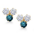 thumbnail image 2 of Gem Stone King 14K Yellow Gold White Moissanite and Blue Diamond Three Stone Stud Earrings for Women (0.60 Cttw, Gemstone, Round 3MM), 2 of 4