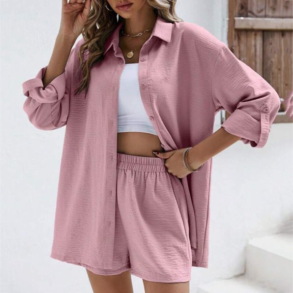Riforla Women's Cotton Set Casual Tracksuit Button Down Short Sleeve Shirt Drawstring Shorts Pockets 2 Piece Set Two Piece Sets for Women Red S