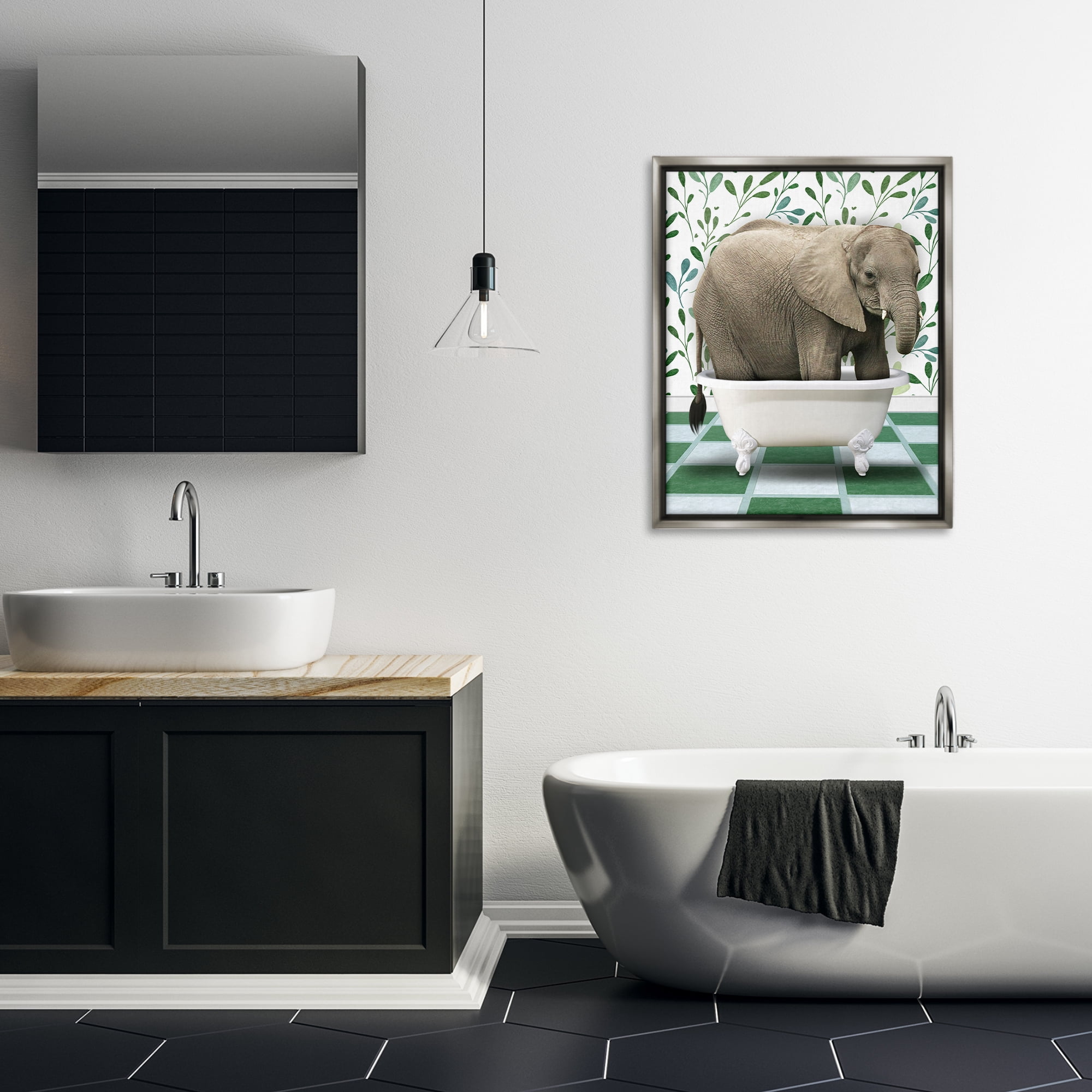 Stupell Industries Bathing Elephant on Green Bath & Laundry Painting Gray Floater Framed Canvas Art Print Wall Art, 25 x 31