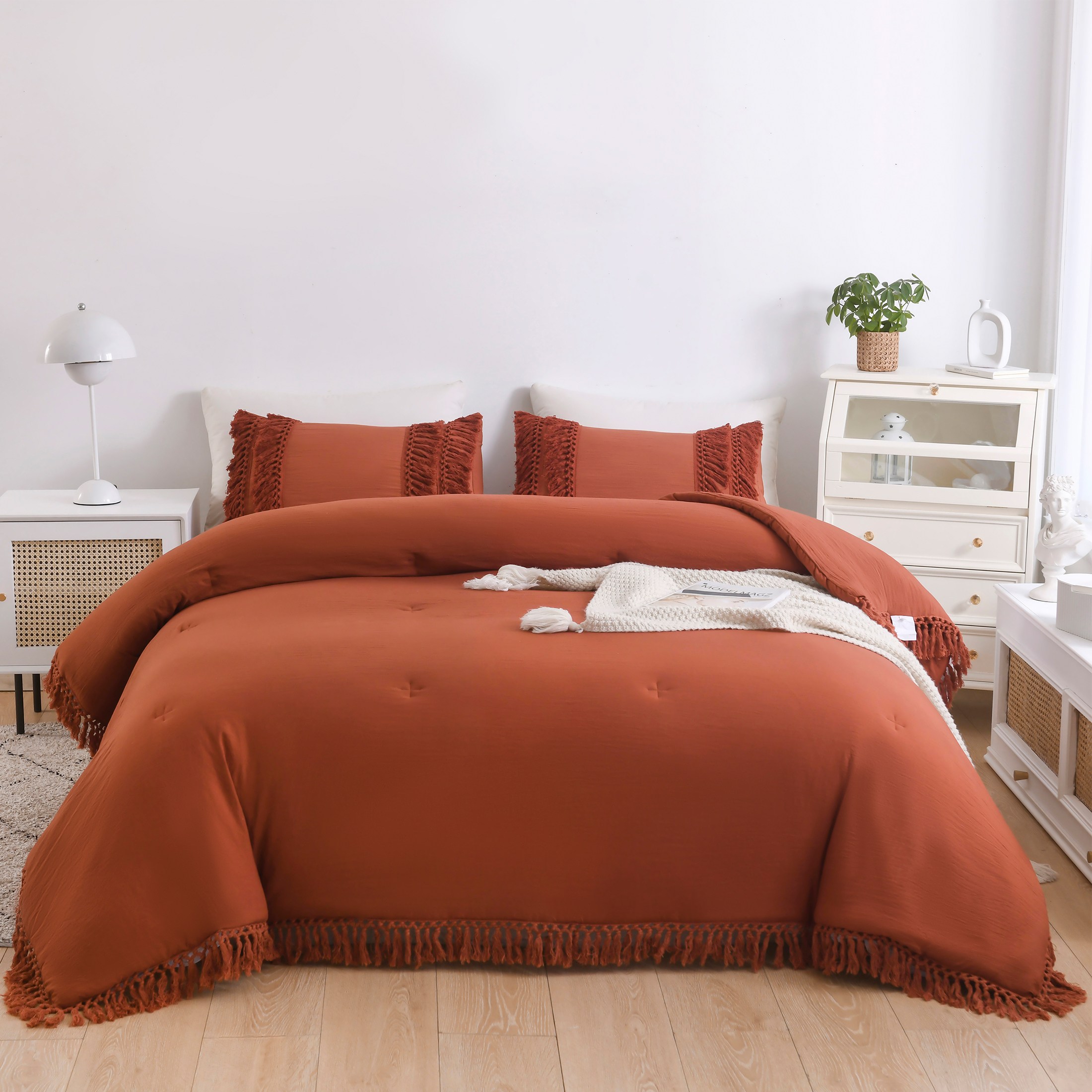 LadyAnn Terracotta Comforter with Boho Tassel King Size, Burnt