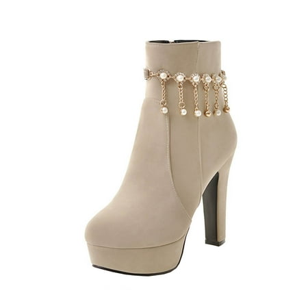 

Boots for Women Clearance Deals! Verugu Western Cowboy Chunky Heel Ankle Boots for Women Plus Size Knight Boots Metal Chain Tassel Water Platform Super High Heel Side Zipper Ankle Boots Beige 40