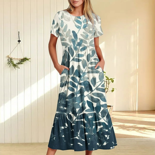 Puntoco Vestido Midi De Moda Para Mujer Vestido Con Cuello Redondo Y Manga Corta Con Dos Bolsillos Y Estampado De Hojas Verde Xxl,Regalos Para Mujer Joven