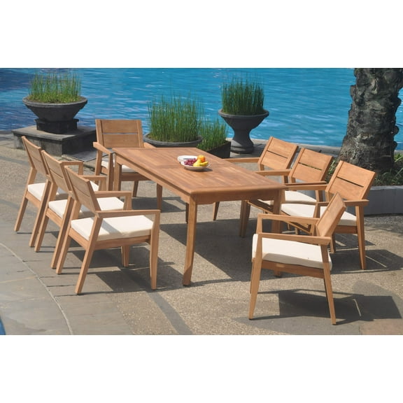 Grade-A Teak Dining Set: 8 Seater 9 Pc: 60" Rectangle Table And 8 Vellore Stacking Arm Chairs Outdoor Patio WholesaleTeak #WMDSWVm