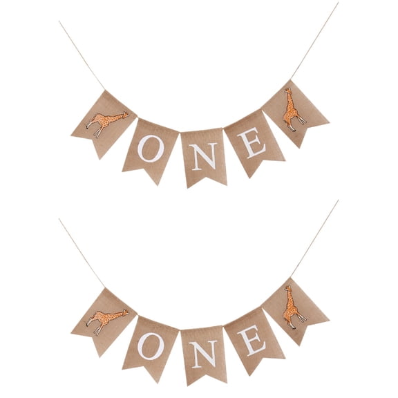 2pcs Giraffe Design Linen Banner ONE Printing Swallowtail Bunting Burlap Flag Baby Shower Hanging Garland First Birthday Party Decoration Layout Supplies