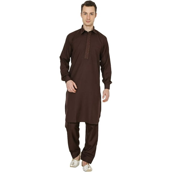 Royal Kurta Mens Cotton Blend Pathani Set Brown