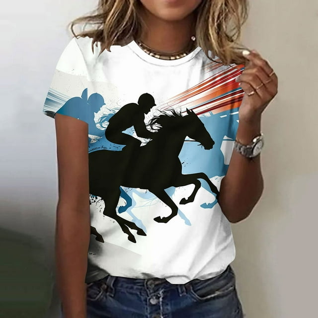 Binmer Nouveau T-shirt à Manches Courtes Col Rond Imprimé Cheval Décontracté pour Femmes