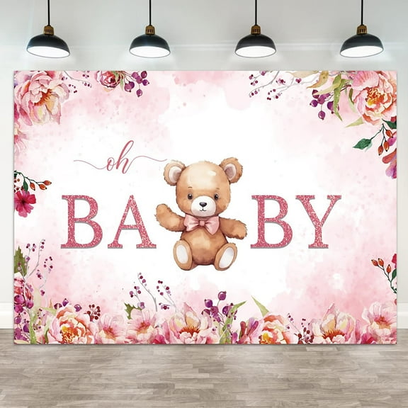 Baby Shower Backdrop Bear Oh Baby Photography Background Pink Floral Bow Green Leaves Purple Flower Sweet Girls Kids Birthday Party Banner Decorations Newborn Parties Photo Booth Props