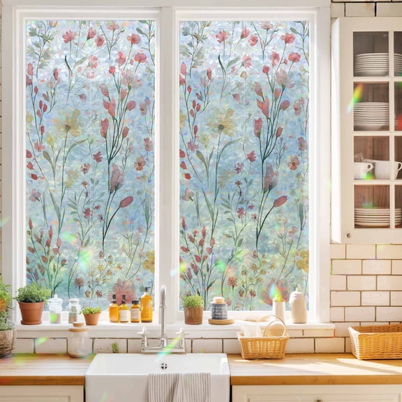 Spring Blooming Floral Leaves Window Privacy Film,Decorative Windows Static Cling Watercolor Flower on White Heat Control Removable Glass Sticker for Home Bathroom Bedroom Window Door,17.7x39.3in