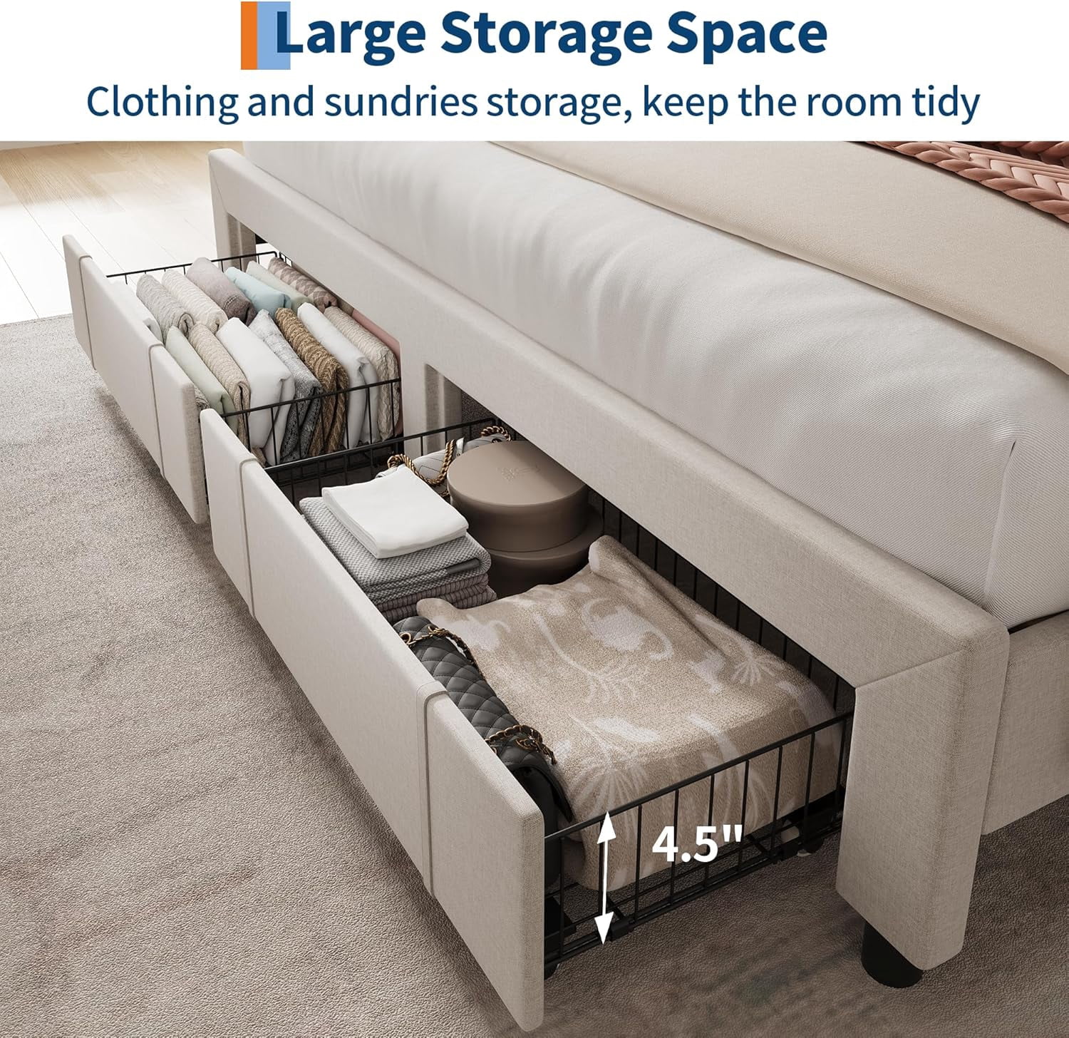 King Size Bed Frame with Storage Headboard, Upholstered Platform Beds with Drawers, Charging Station, Noise-Free, No Box Spring Needed, Easy Assembly, Beige