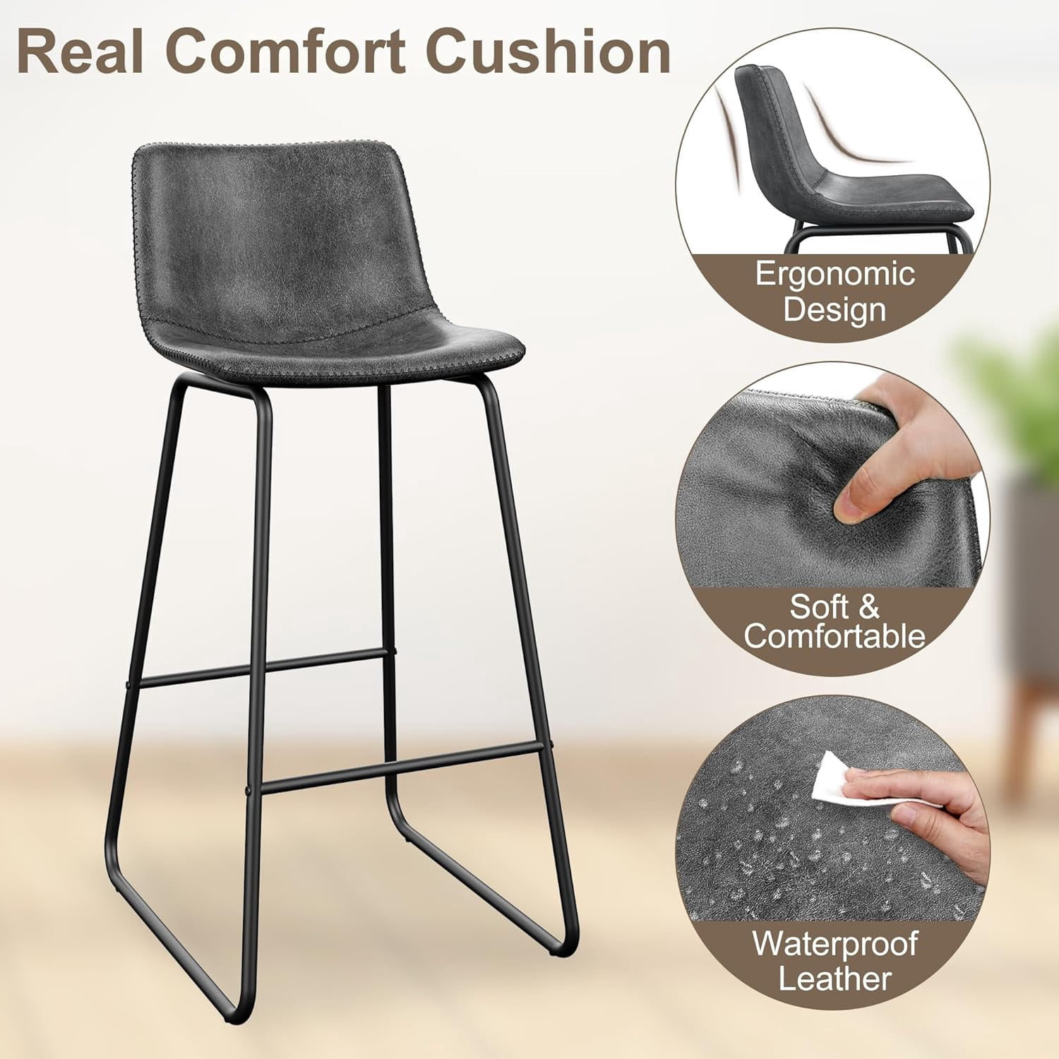 GIKPAL Bar Stools 30" Faux Leather Counter Height Barstools with Back Set of 6, Modern Counter Stools with Metal Legs and Footrest, Armless Chairs with Back for Kitchen Living Room Pub,Gray