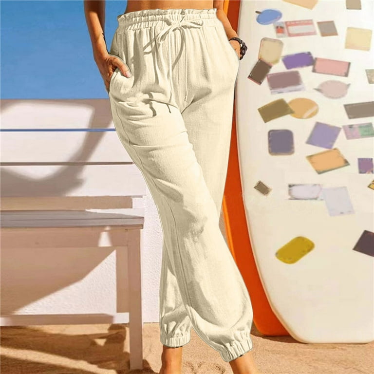 Womens Casual Elastic Waist Solid Comfy Casual Cotton Linen Pants With  Pockets Summer Pants plus Size Cargo Pants