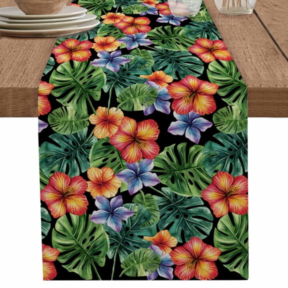 nqOlkjepod Tropical Botanical Table Runner 108 Inches Long Farmhouse Dress Scarves, Summer Watercolor Floral Leaves Dining Tablerunner for Coffee Table/Kitchen Island/Party Décor, 13" x 108"