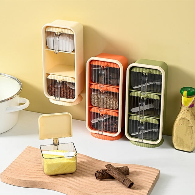 Bowayaoa Wall Mounted Seasoning Rack with Spoon, Plastic Seasoning Box Set for Kitchen, No Drill Organizer for Spices, Hanging Storage Container