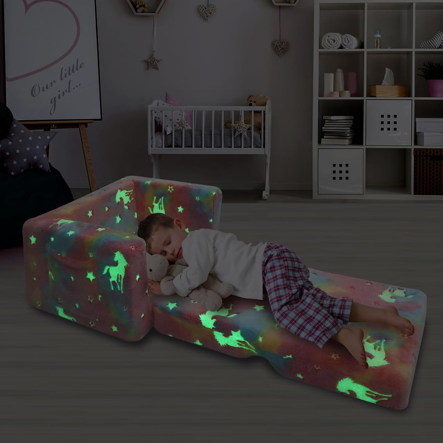Toddler Couch, Toddler Chair Folding, Kids Couch 2 in 1 Kids Sofa Glow in The Dark Couch, Gifts Sleeper for Girls Boys - Pink Unicorn