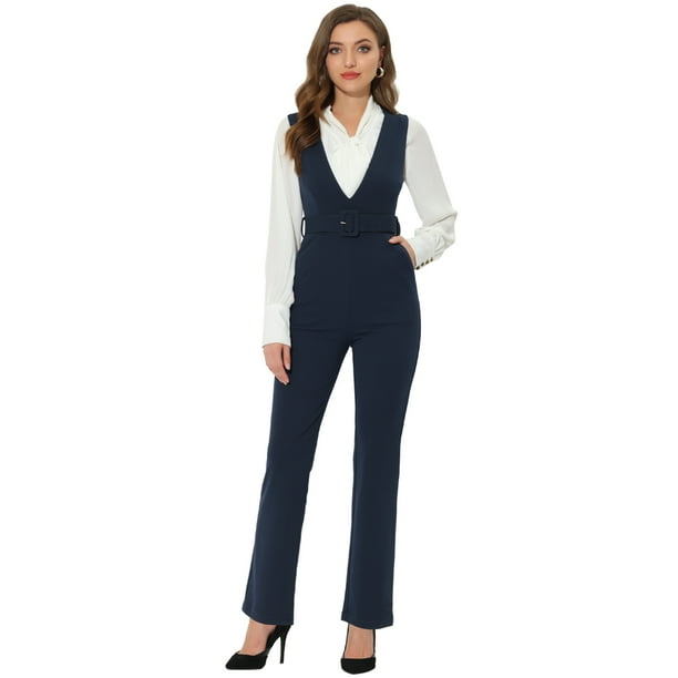 INSPIRE CHIC Mono elegante con tirantes y pierna recta sin mangas con cinturón y cuello en V para mujer Azul oscuro S