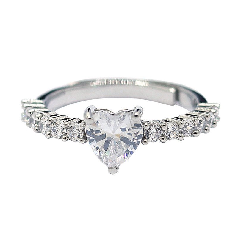 Auory Sparkling Heart-Shaped Solitaire Silver Ring with Stone-Studded Band for Women