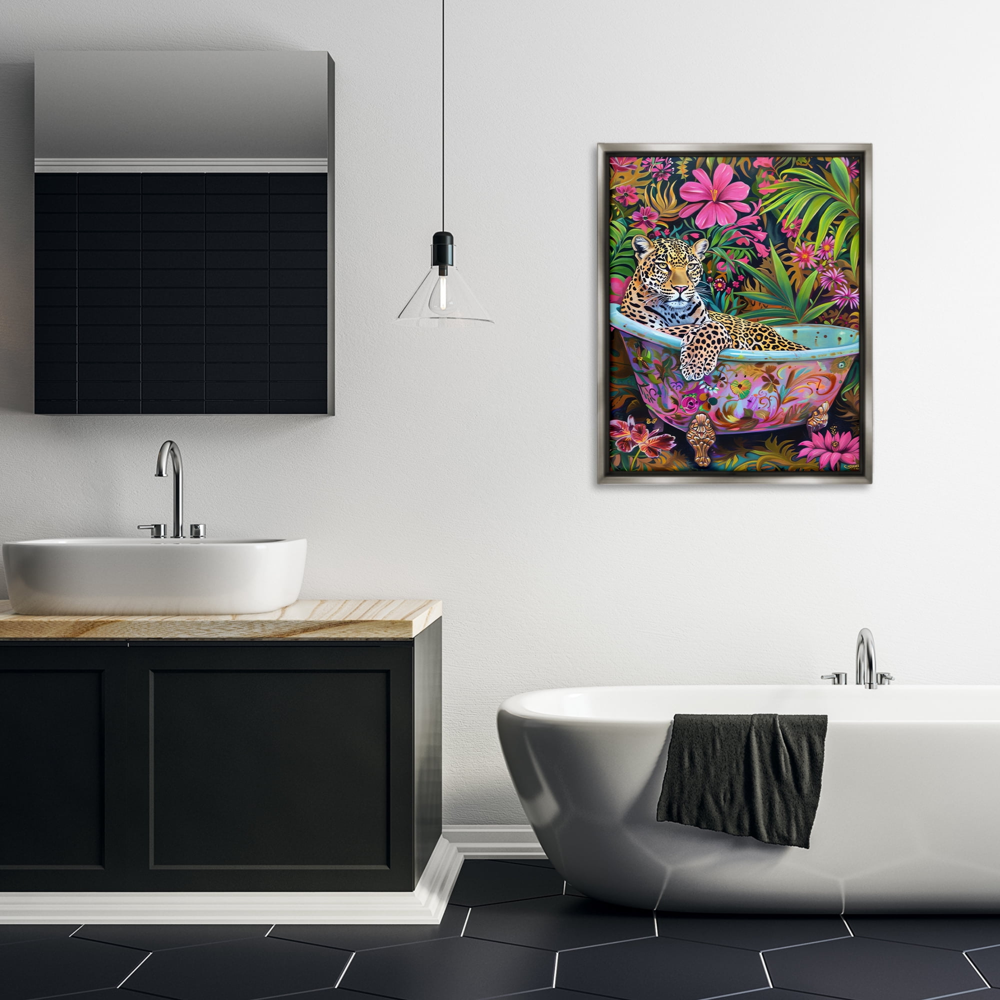 Stupell Industries Tropical Rainforest Leopard Tub Bath & Laundry Painting Gray Floater Framed Canvas Art Print Wall Art, 25 x 31