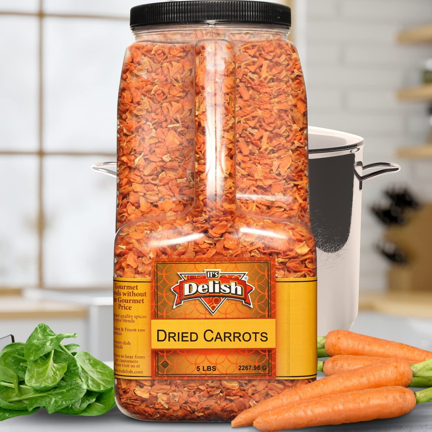Dried Carrots by Its Delish, 5 lbs Bulk Restaurant Gallon Size Container Jug with Handle  Dehydrated Carrot Dices for Soup Vegetables, Food Supply and Camping