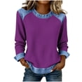 thumbnail image 3 of TaTaai Fashion Casual Women Top Denim Patchwork Waffle Solid Color Crew Neck Long Sleeve Loose Fit Soft Breathable Daily Street Office Wear Blouse Gift, 3 of 6