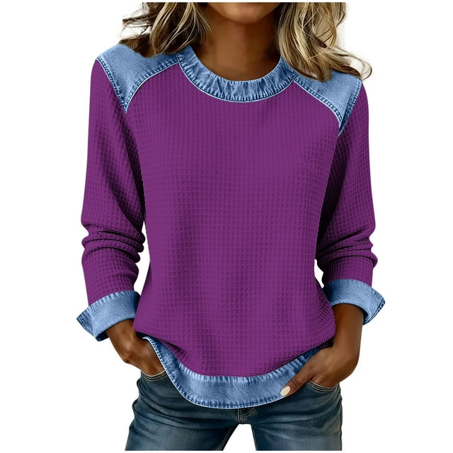 Camisetas de Manga Larga para las Mujeres Loose Fit Color Sólido Blusa de Cuello Redondo Top Suave Casual