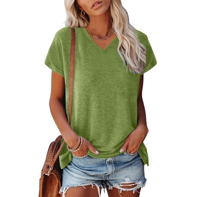 MKLEKYY Playeras Mujer Algodon Blusa Holgada Informal De Verano Con Mangas Cortas Y Cuello En V Para Mujer, Color Liso, 534 Talla L