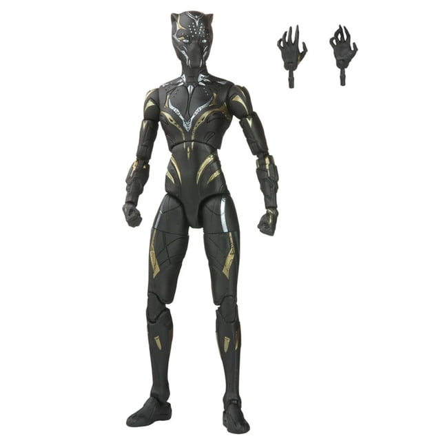 figura de acción marvel legends black panther de 15 cm con 2 accesorios — figura coleccionable de 15 cm (6 pulgadas) inspirada en Black Panther: Wakanda Forever, vista frontal centrada; cuerpo articulado negro con decoraciones doradas y plateadas, casco con rasgos de pantera y texturizado de armadura, articulaciones visibles y dos manos intercambiables colocadas arriba a la derecha sobre fondo blanco; a menudo usada como pieza de exhibición en escritorios de coleccionistas.
