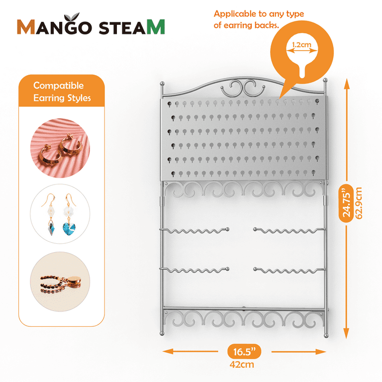 Mango Steam Silver 10 Wall Mount Jewelry & Accessory Storage Rack Organizer Shelf for Earrings, Bracelets, Necklaces, Hair Accessories