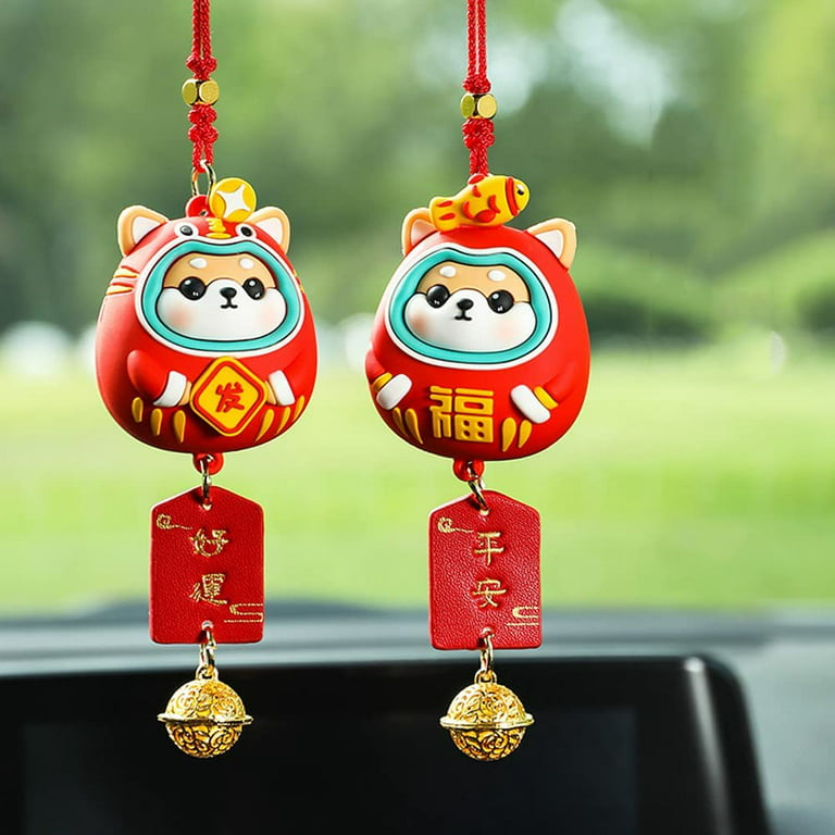 Shengshi Bling Car Mirror Accessories Creative Rear View Mirror Crystal  Hanging Charms Lucky Pink Plush Ball Pendant Automobile Ornaments Red 