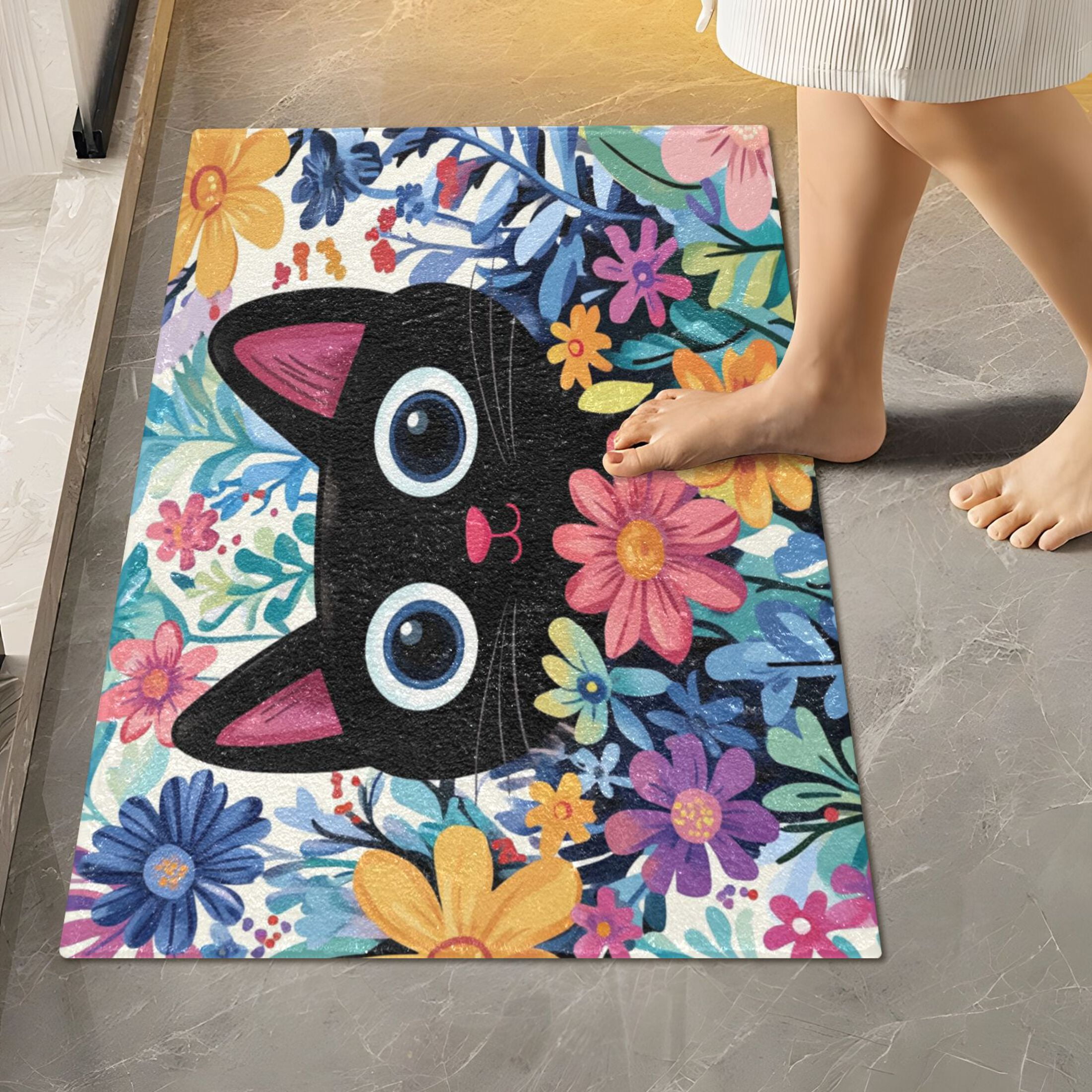 2 Piece Soft Bathroom Rug Set Black Cat in The Flower Bath Mat and U-Shaped Toilet Contour Rug (16"x24"+20"x24")