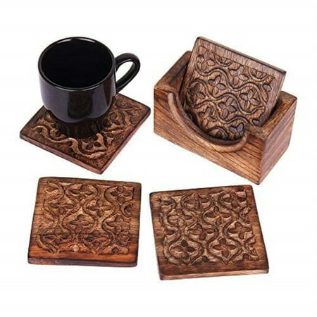 

STORE INDYA Set of 4 Handmade Wooden Coasters Absorbent Cool Drink Coasters with Holder Unique Bar Decor Accessories Best Housewarming Gift (Design 13)