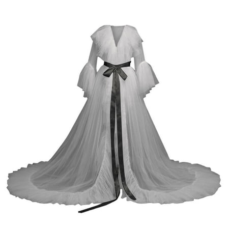 KDFJPTH Women Fashion Sexy Tulle Robe Long Lingerie Nightgown Bathrobe Sleepwear Bridal Robe Lace Lingerie