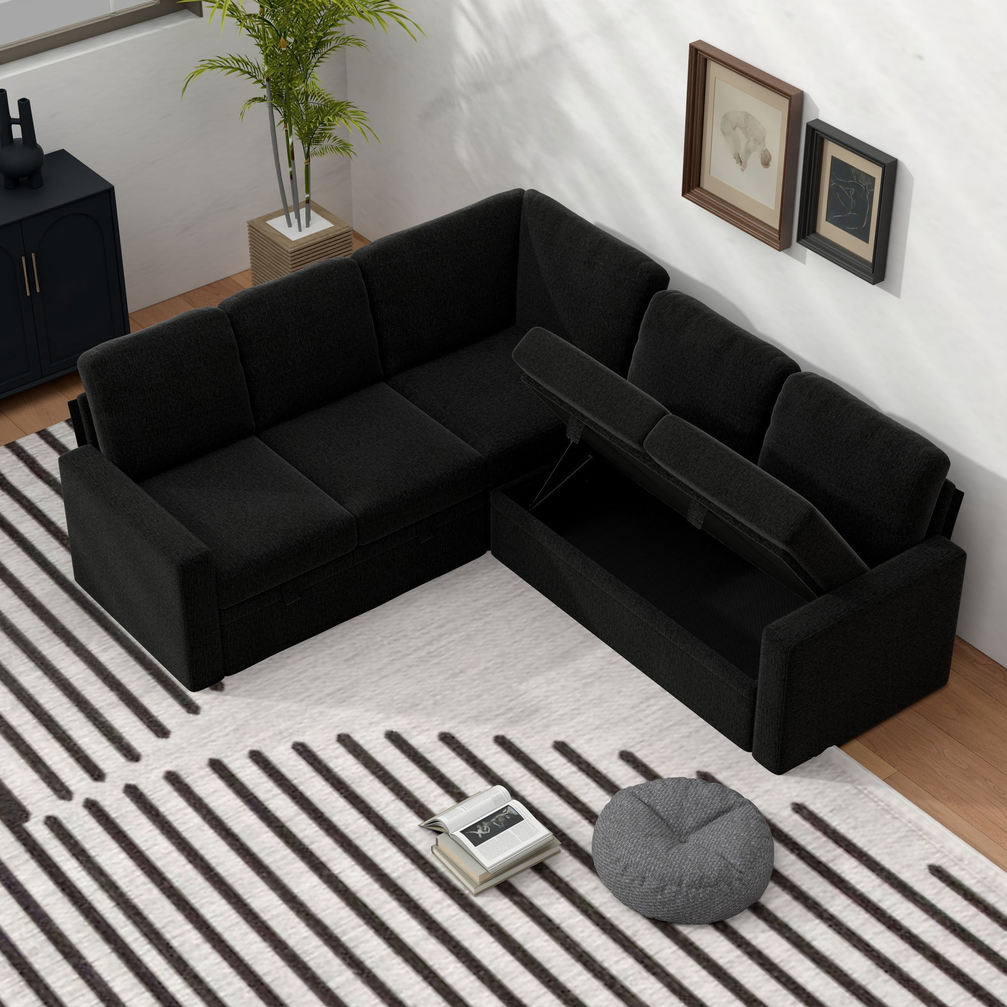Gewnee 5-Seater Black L-Shaped Convertible Sofa - Skin-Friendly & Wear-Resistant Chenille Fabric, Solid Wood Frame with Multifunctional Storage, for Living Rooms & Halls