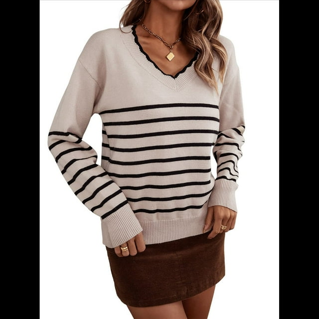 Suéter de Punto para Mujer, Informal, con Cuello en V, Estampado A Rayas, Holgado, de Larga Albaricoque XL