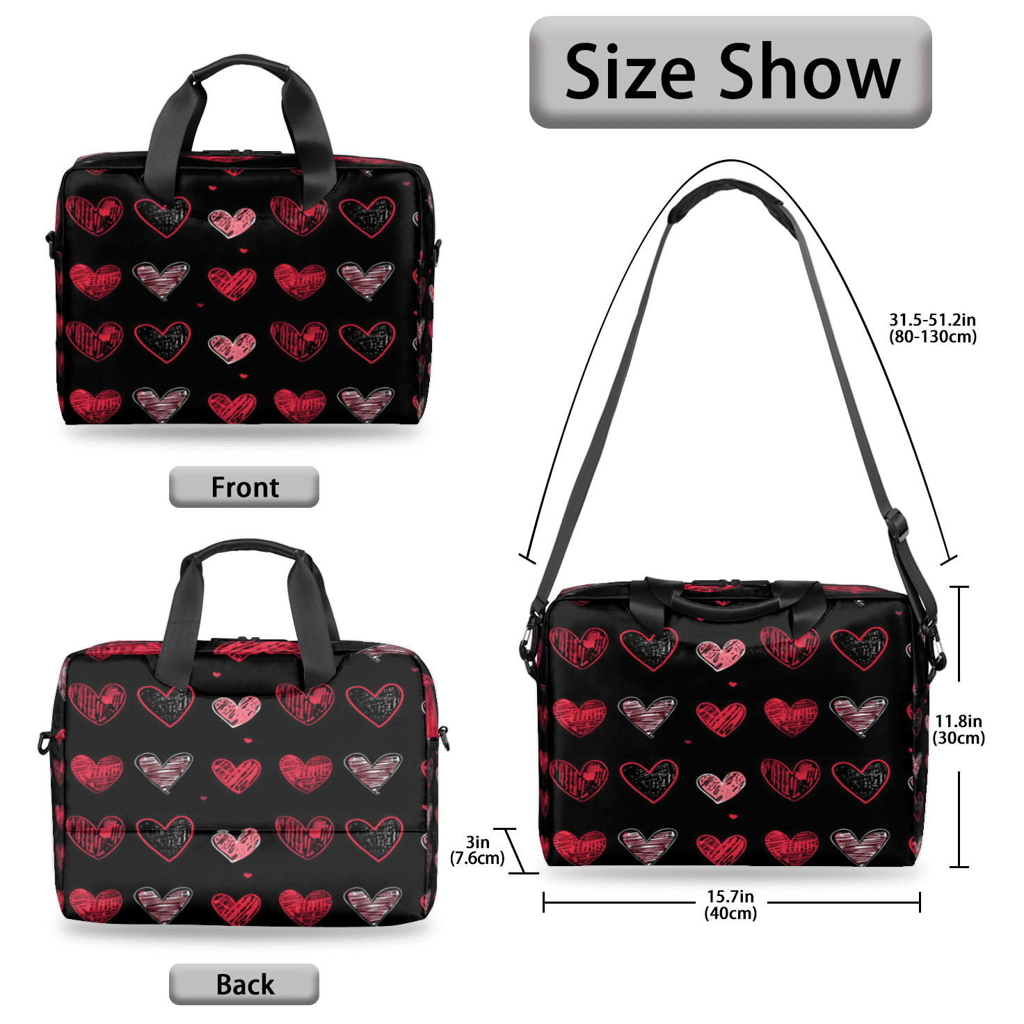 Herdesigns Valentine's Day Black Red Heart Laptop Bag for Women Men, Computer Case Briefcase Messenger Bags, 15-15.6 inch Laptop Sleeve Shoulder Bag
