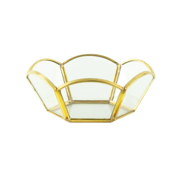 Brass and Glass Gold 4.4" Tabletop Trinket Tray with Decorative Petals