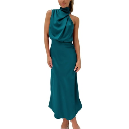 Rigardu Women s Summer Long Formal Satin Dress Mock Neck Sleeveless Side Slit Flowy Maxi Tank Dresses Blue+M