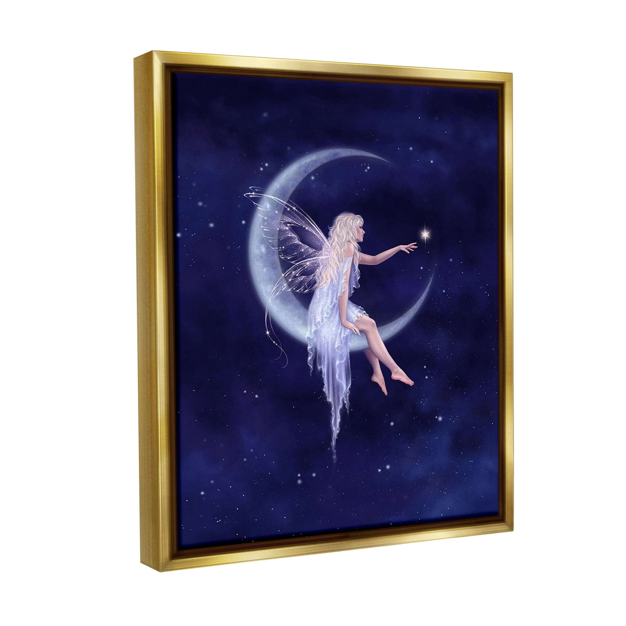 Stupell Industries Fairy & Crescent Moon Fairy Tales & Fantasy Painting Gold Floater Framed Canvas Art Print Wall Art, 17 x 21