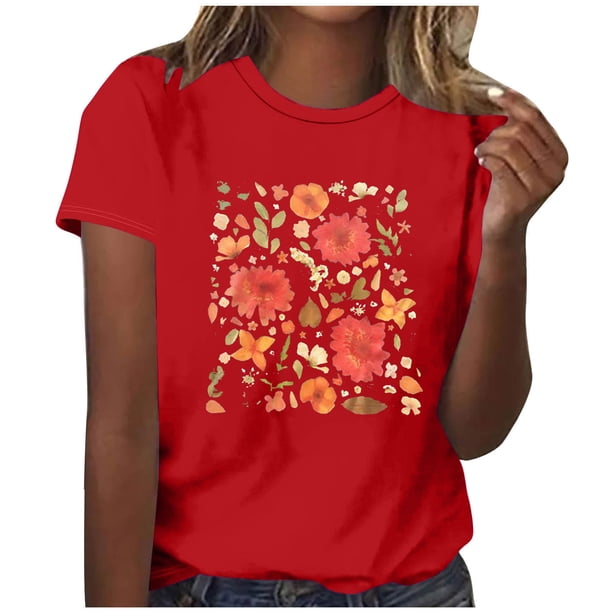 Tops Cortos para las Mujeres Blusas Impresas Manga Corta Cuello Redondo, Tops de Blusa para las Mujeres Primavera Verano Casual