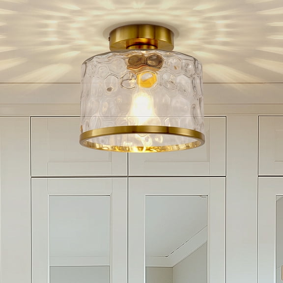 Briignite Modern Flush Mount Ceiling Light – Farmhouse Style with Clear Hammered Glass Shade in Satin Brass for Kitchen, Bathroom
